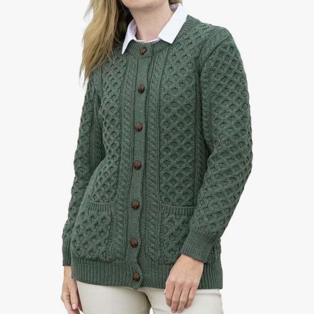 Aran Crafts Ireland Wool Knit Sweater Cardigan Forest Green Women's Small